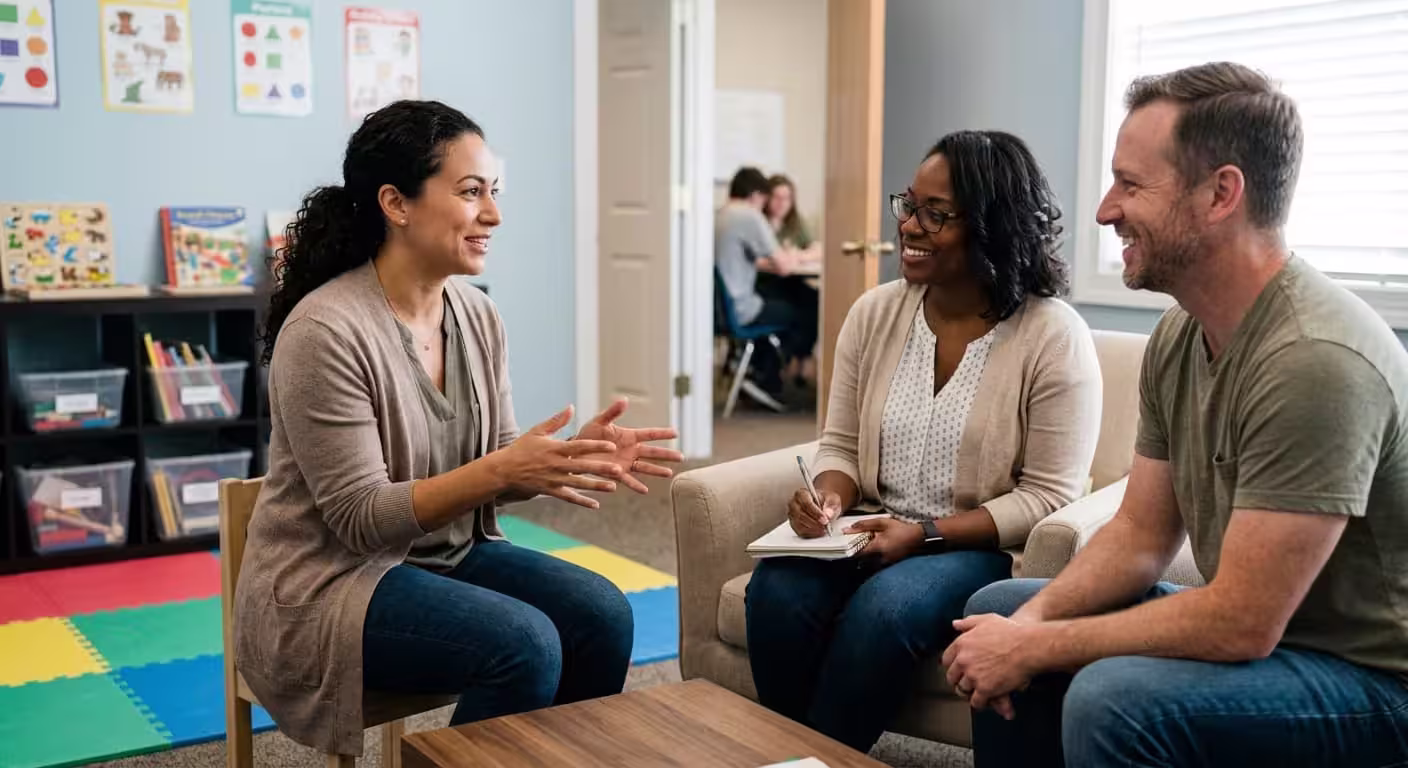 Woman talking with parents seated on couch in a colorful classroom setting with educational posters.