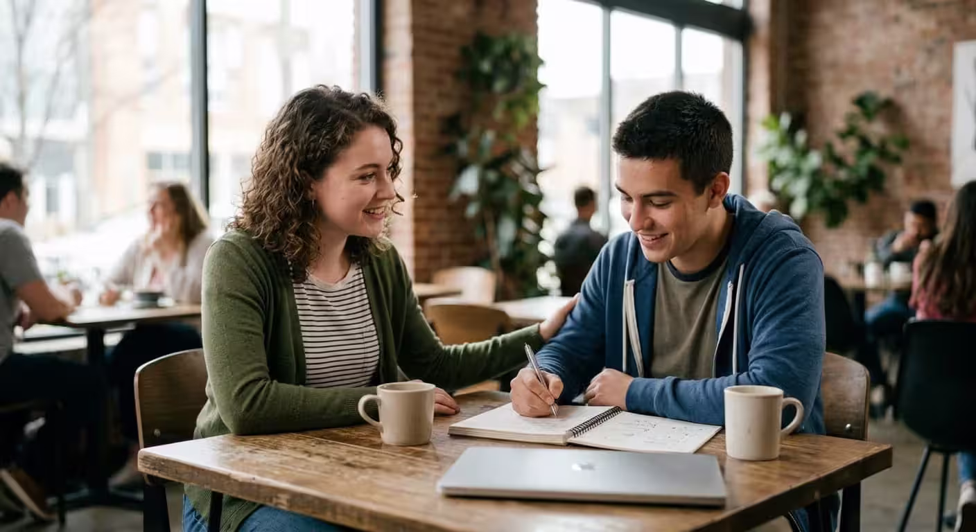 Woman smiling and supporting man writing in notebook at a coffee shop table with laptops and mugs.