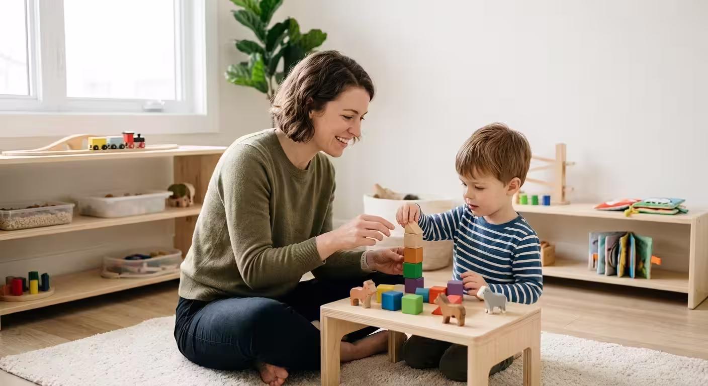 Woman and child sitting on floor stacking colorful wooden blocks on a small wooden table.