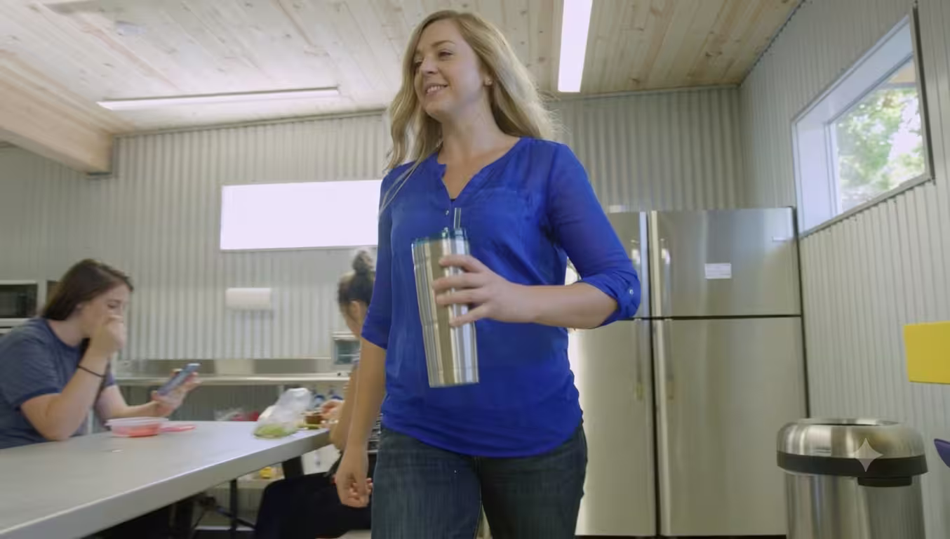 Smiling woman in blue shirt holding a metal tumbler, walking in a casual office kitchen with two people seated at a table in the background near a refrigerator.