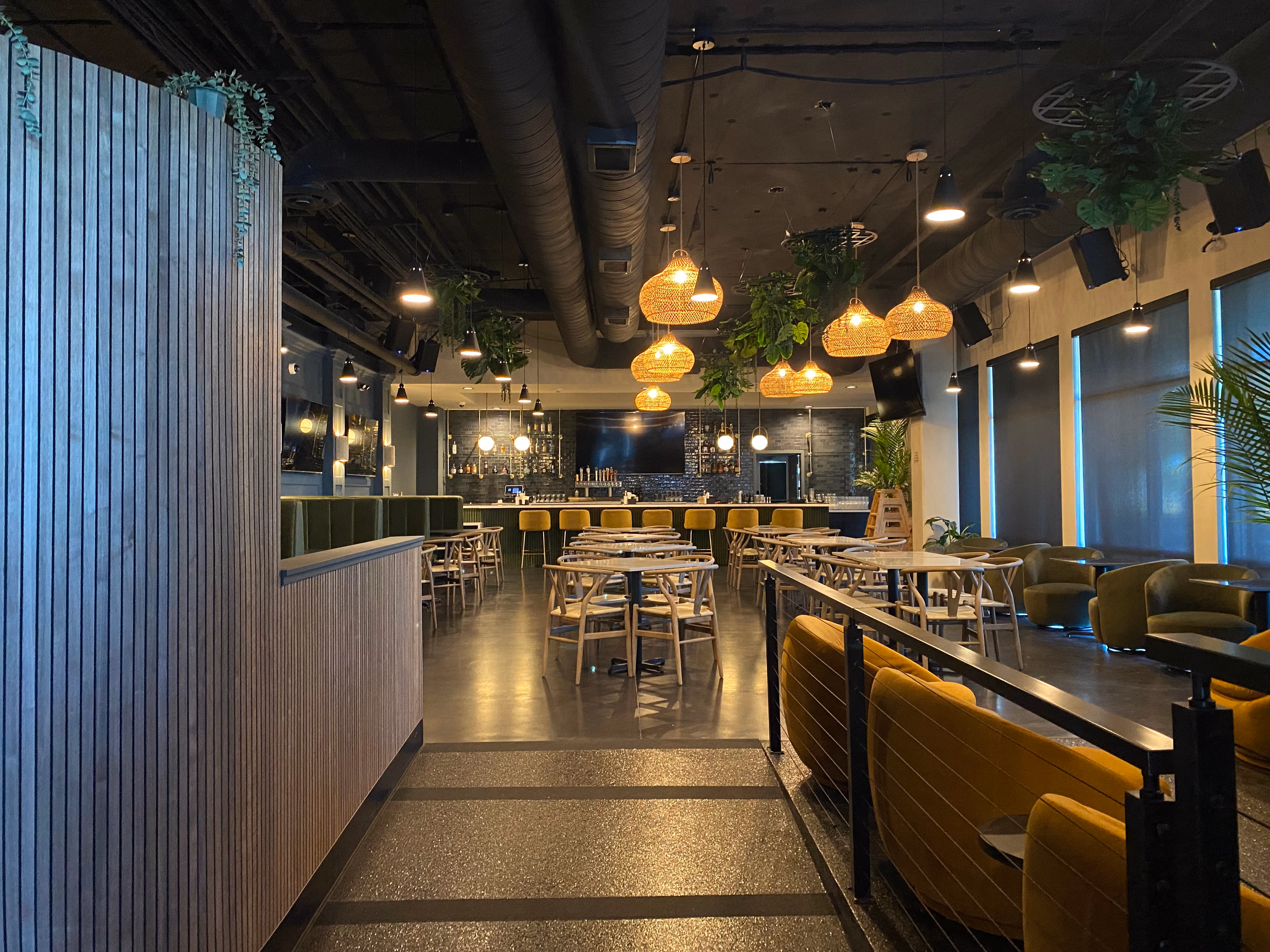 Birdies dining room with greenery and woven pendant lighting