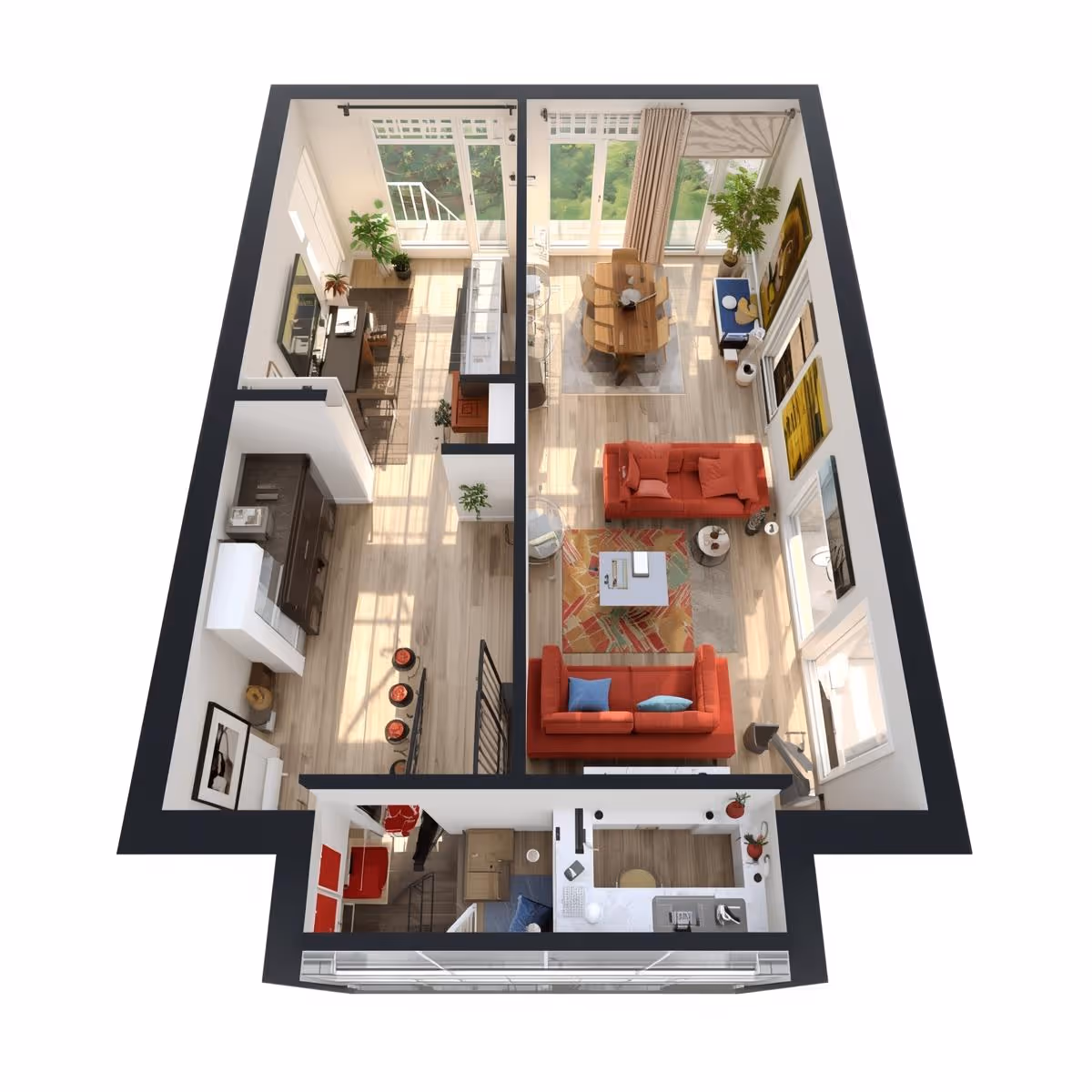 une vue découpée d'une maison permettant de visualiser l'agencement de la maison et la décoration des pièces en vue du dessus