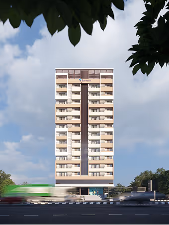 Modern multi-story residential building against a cloudy sky with blurred vehicle traffic on the road in front.