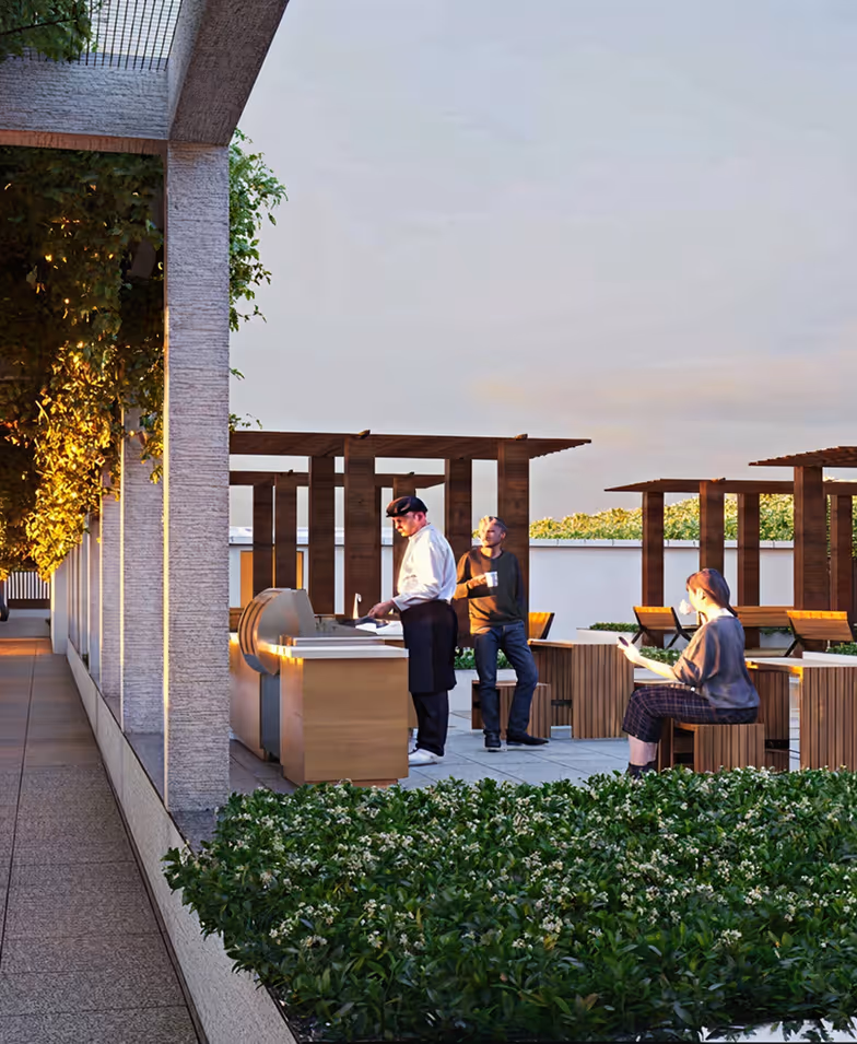 People socializing in an outdoor patio garden area with a barbecue grill and seating at sunset.