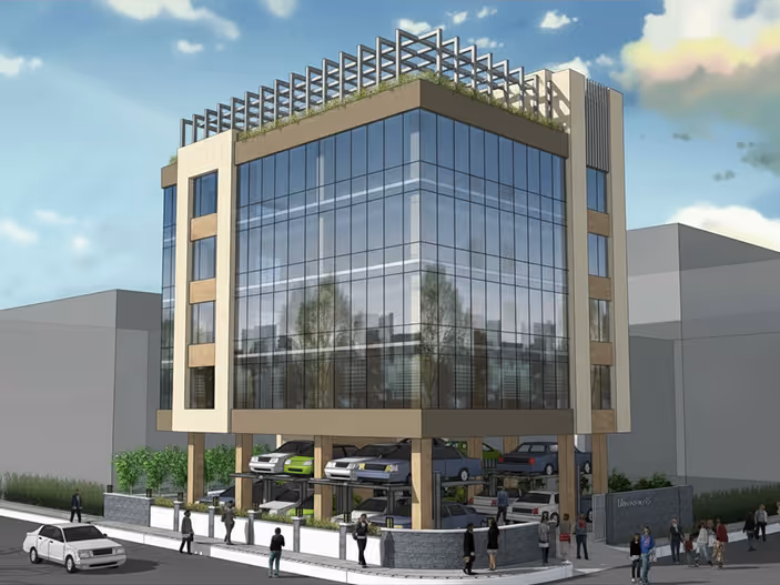 Modern multi-story building with glass facade and open ground floor parking with car lifts and pedestrians nearby.