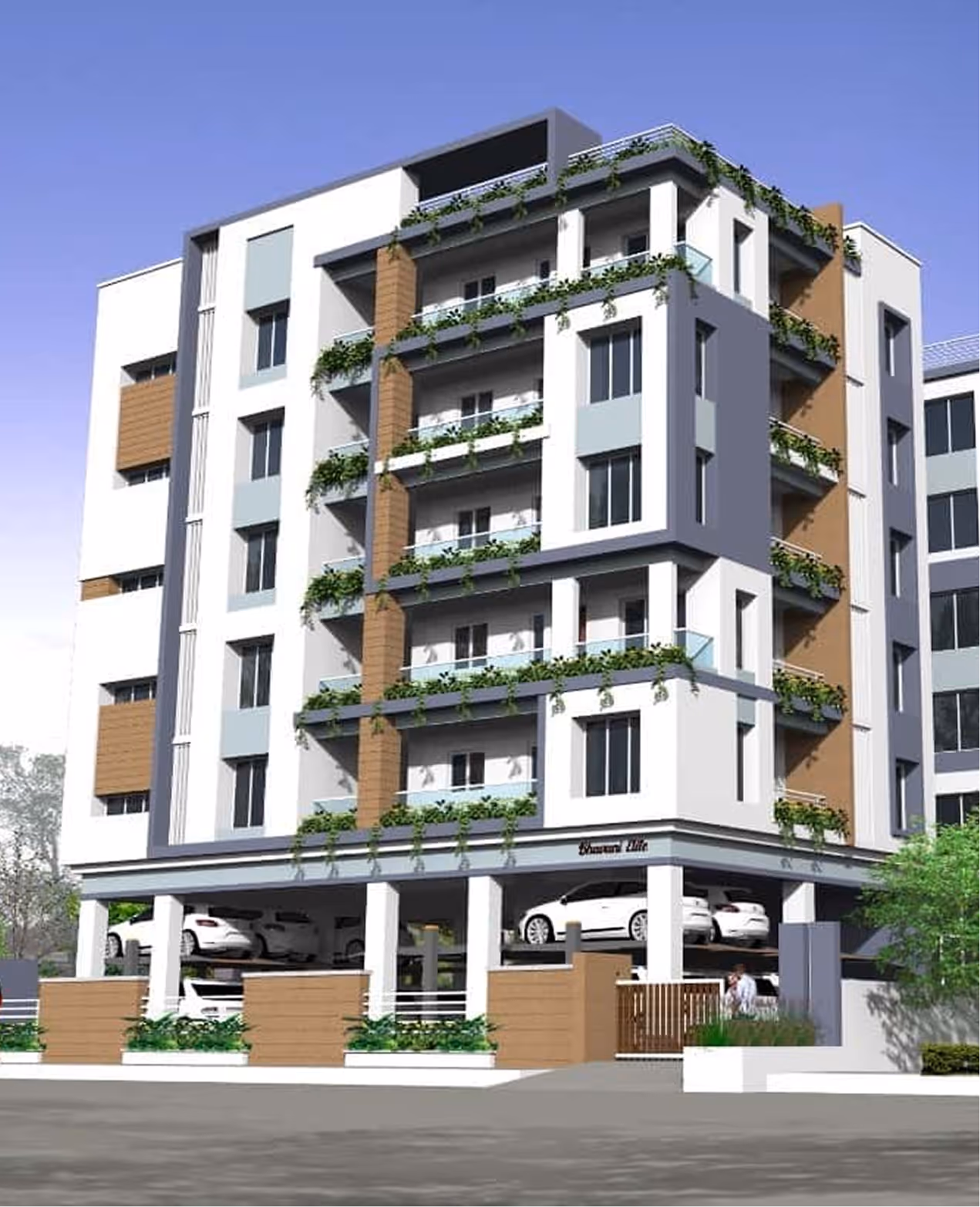 Modern five-story residential building with balconies adorned with greenery and ground-level parking.