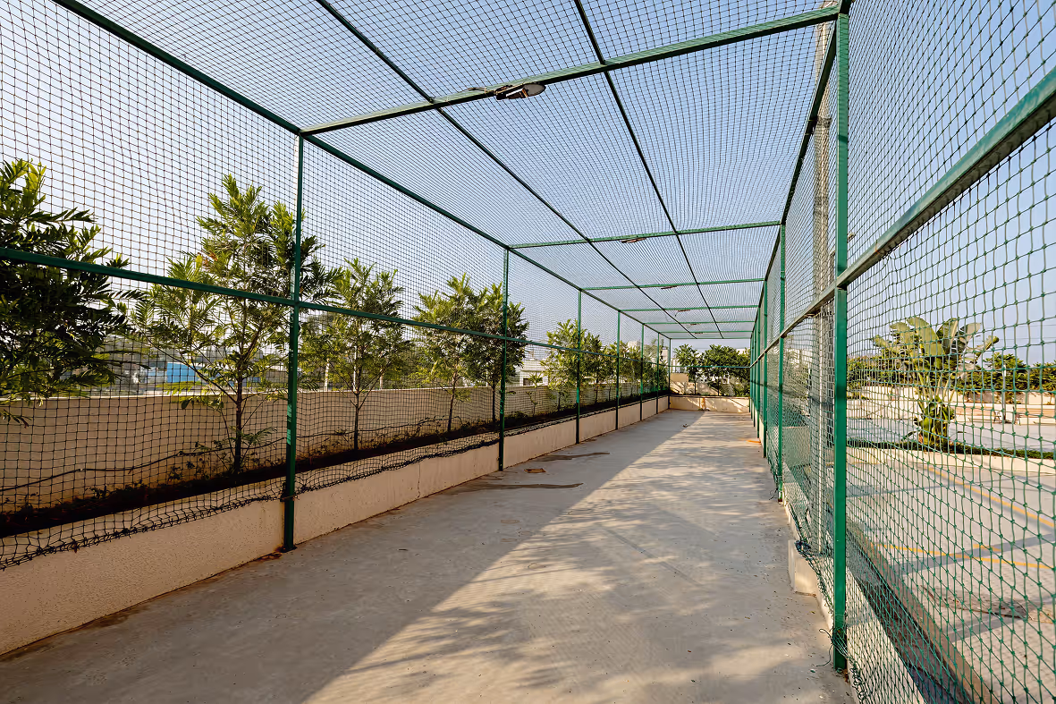Long outdoor courtyard enclosed with green metal frame and netting with plants along one side