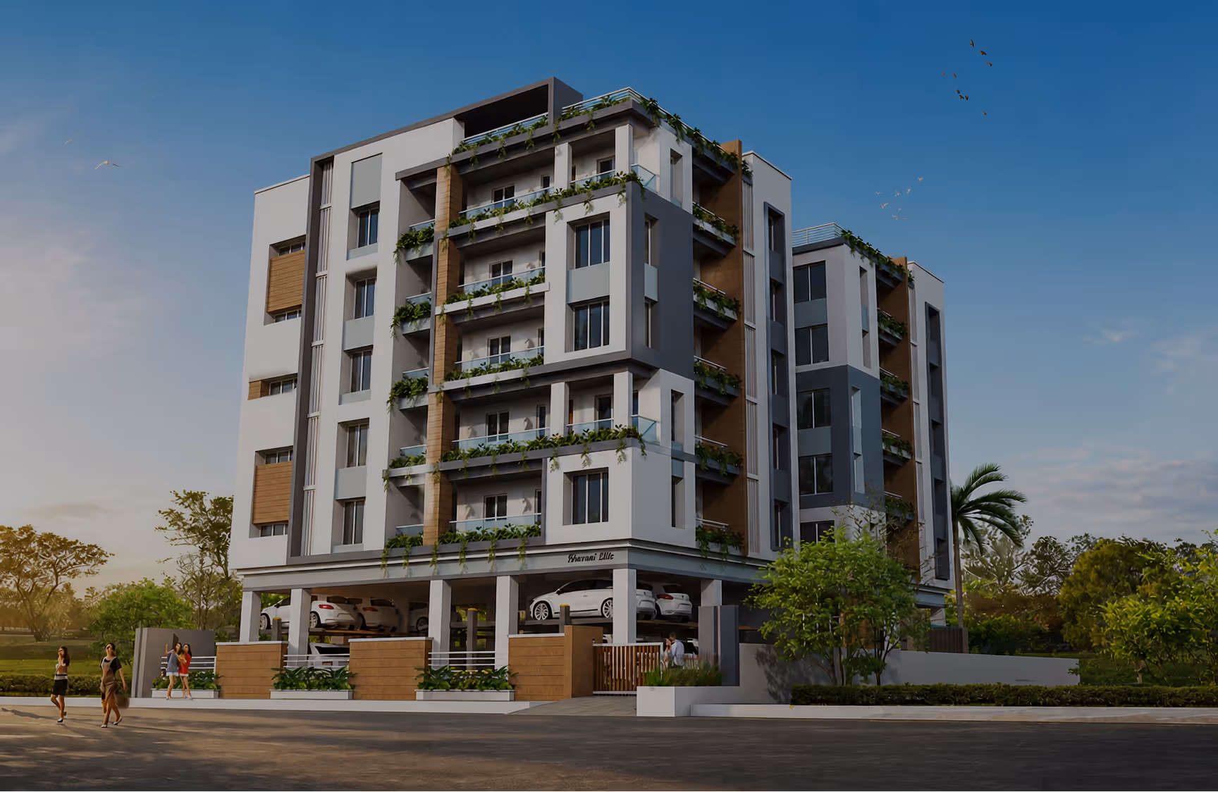Modern five-story apartment building with balconies, greenery, and parking on the ground floor.