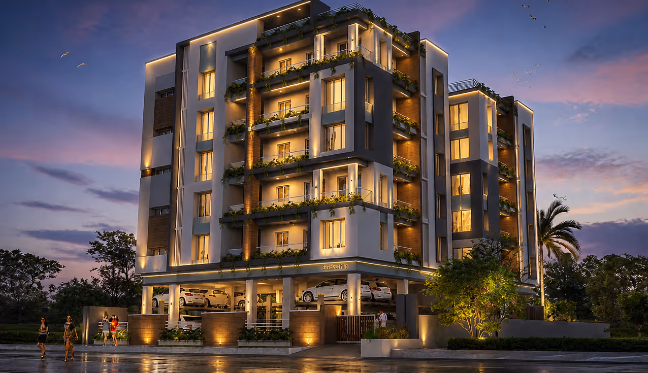 Modern illuminated apartment building with balconies and greenery at dusk with people nearby.