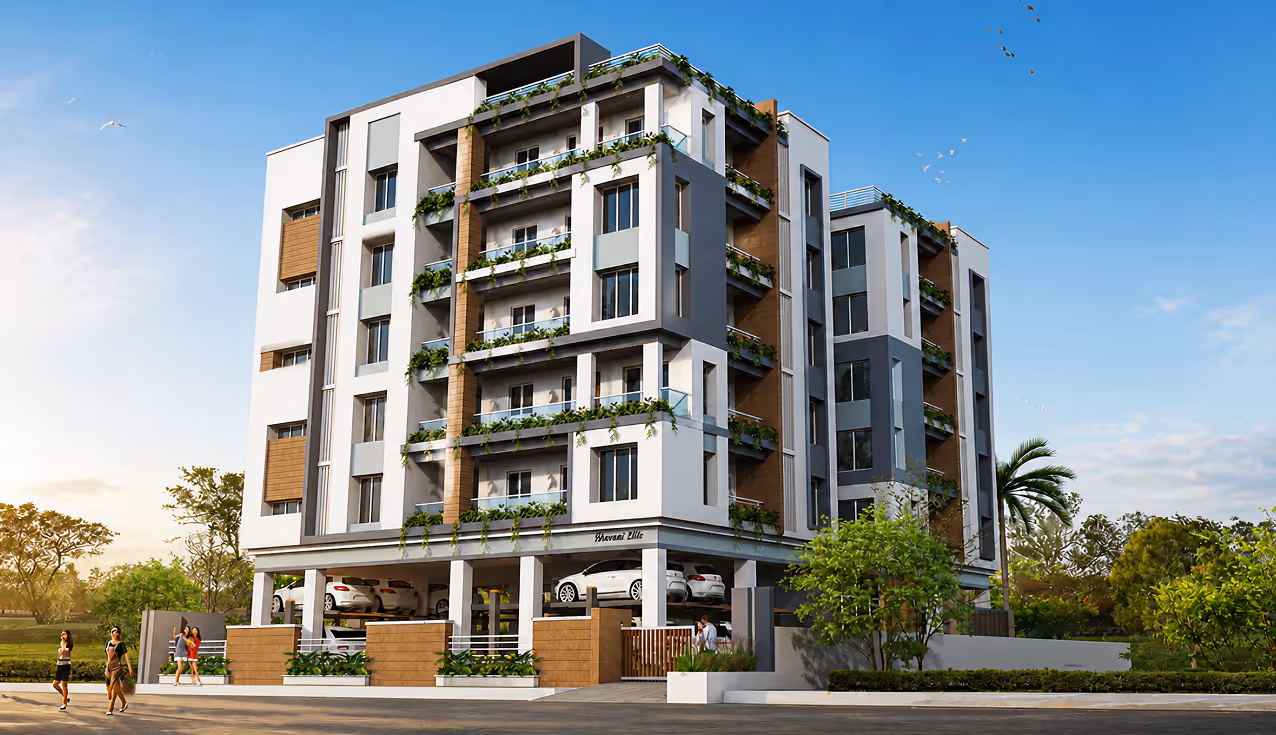 Modern multi-story apartment building with balconies, greenery, parked cars, and people walking nearby.