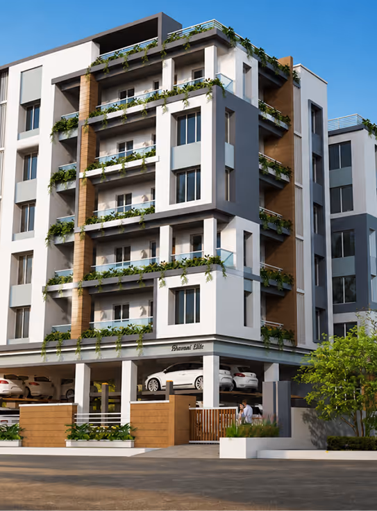 Modern multi-story residential building with balconies, greenery, parking space, and a gated entrance.