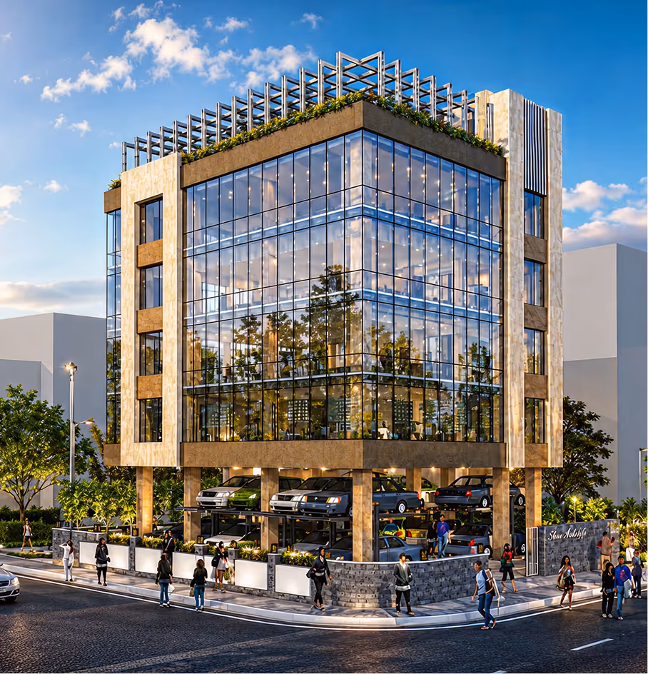 Modern glass building with rooftop garden, multiple parked cars below, and people walking nearby.