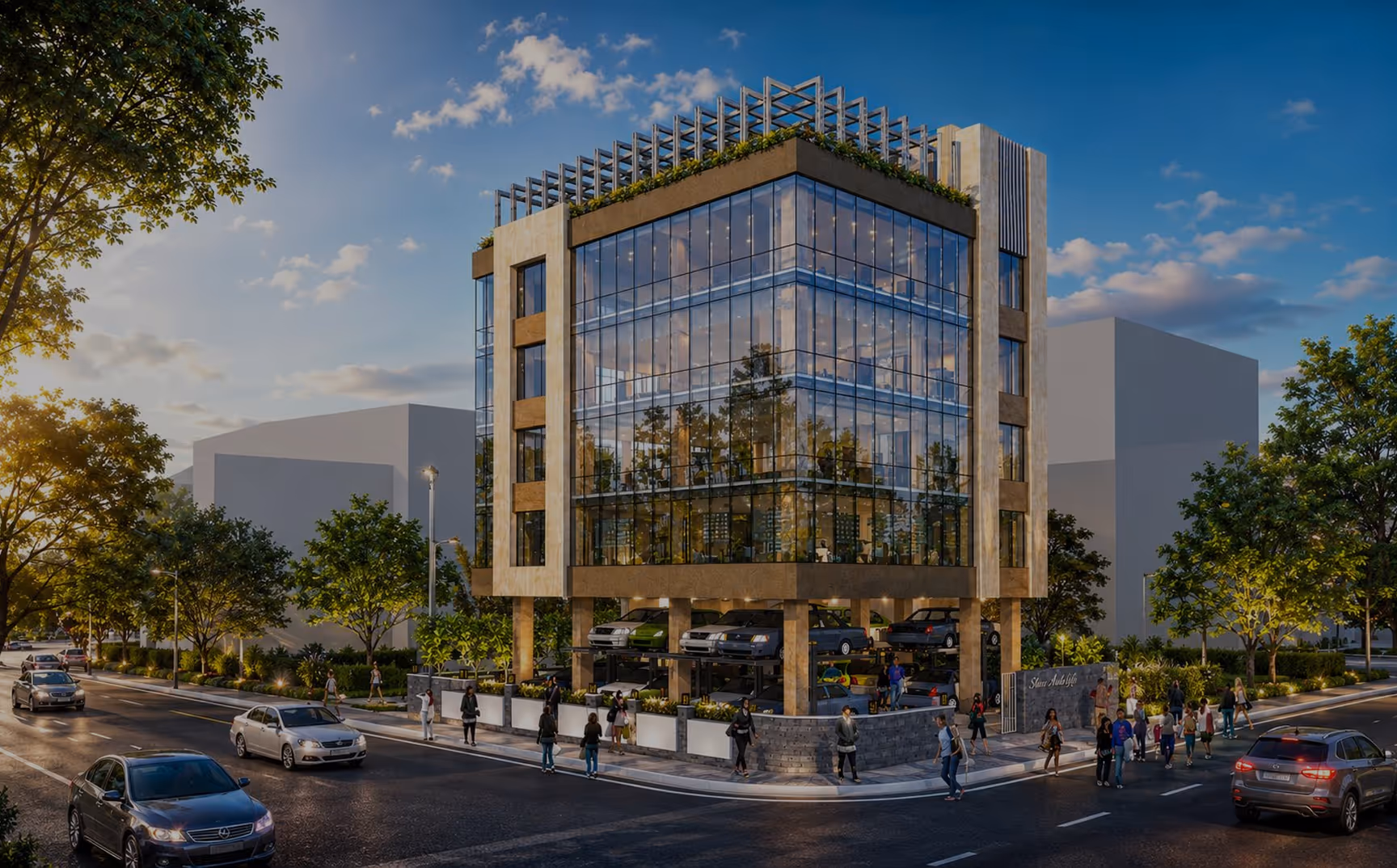 Modern glass building on a street corner with cars parked on the ground level and people walking nearby.