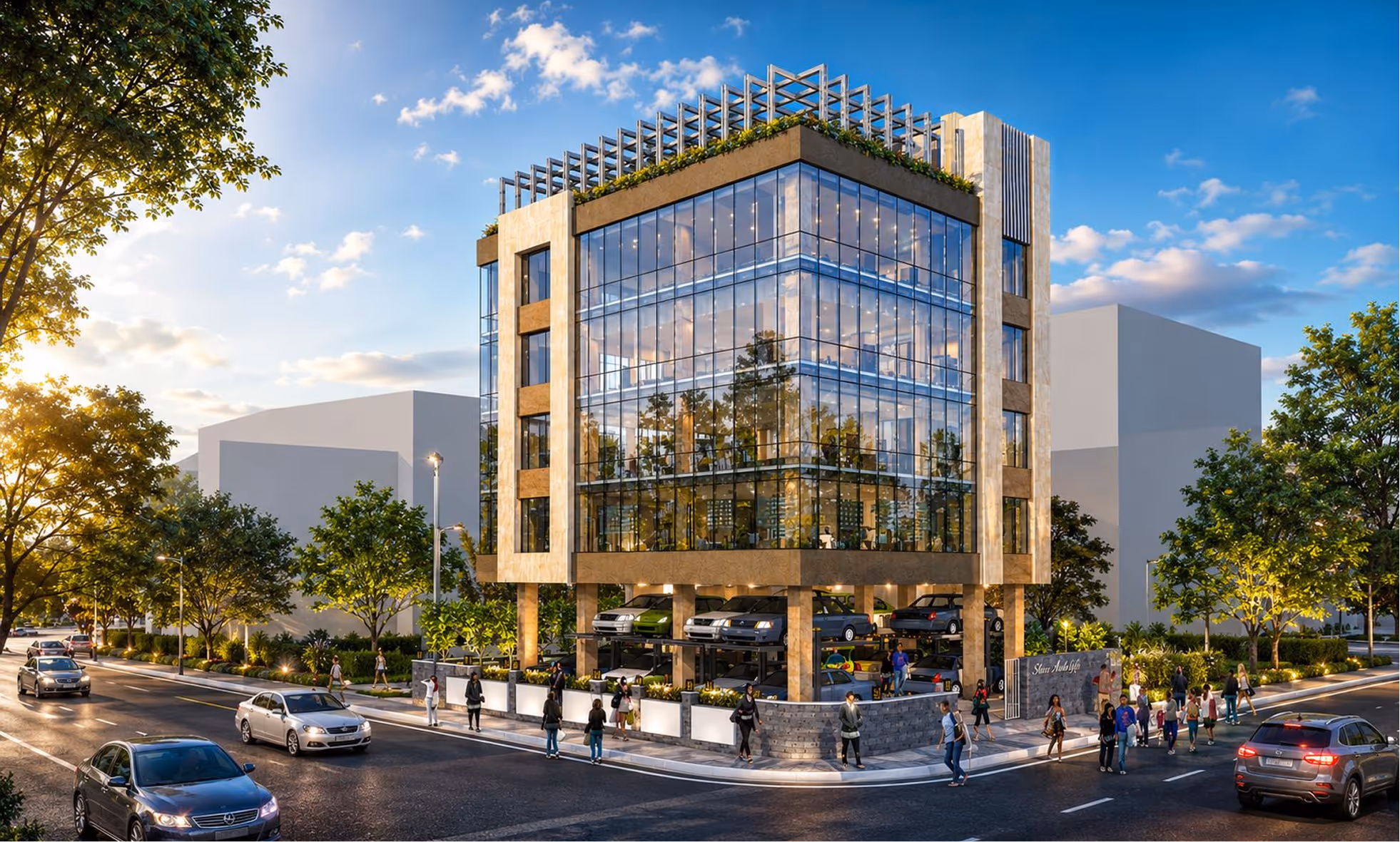 Modern glass building elevated with parked cars underneath on a busy urban street corner with pedestrians.