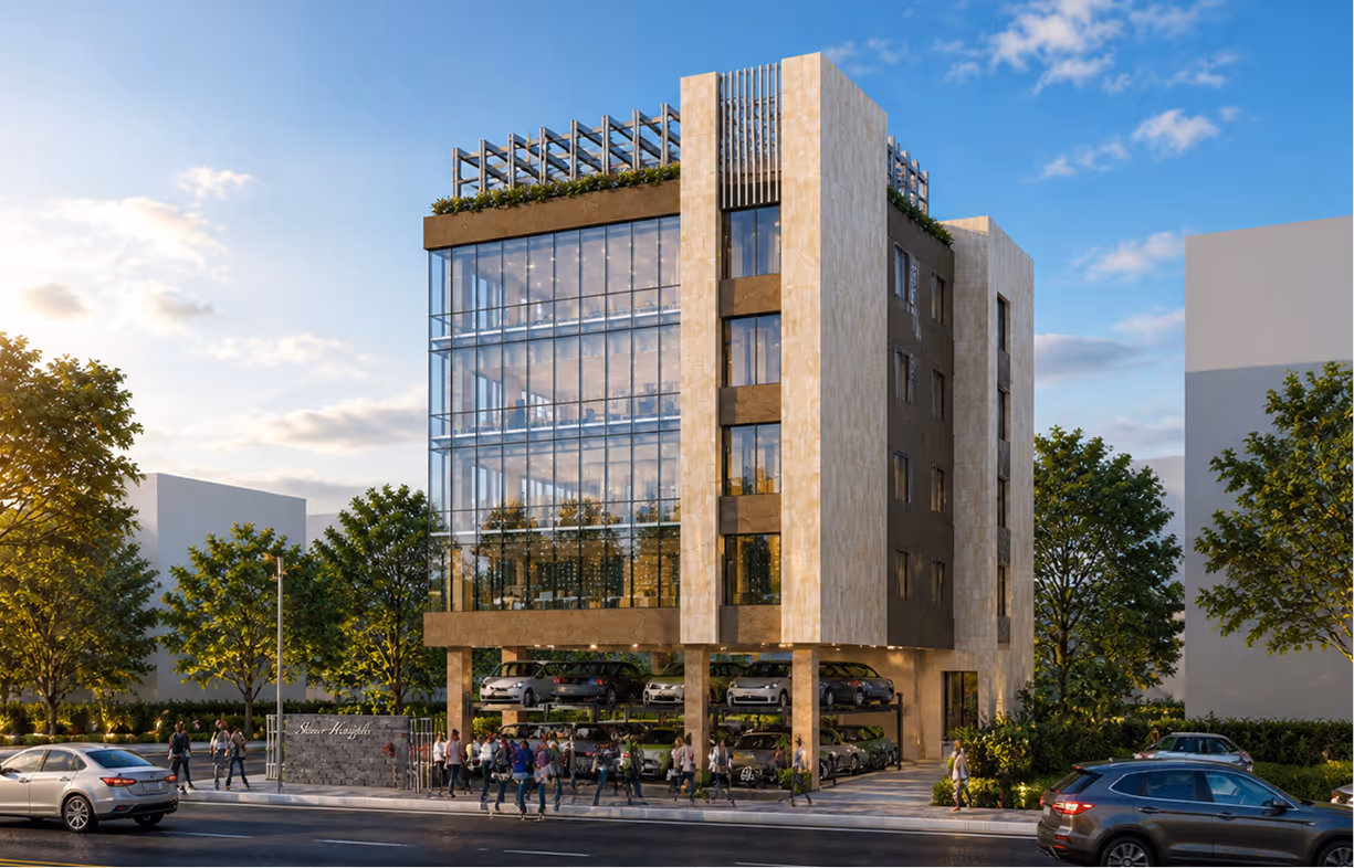 Modern multi-story building with glass walls, ground-level car parking, and people walking outside.