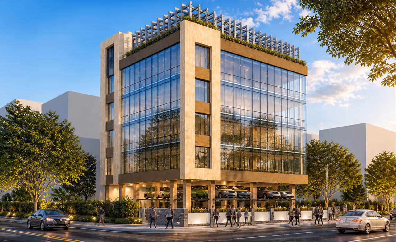 Modern multi-story building with glass walls, rooftop garden, and cars parked on ground level lifts.