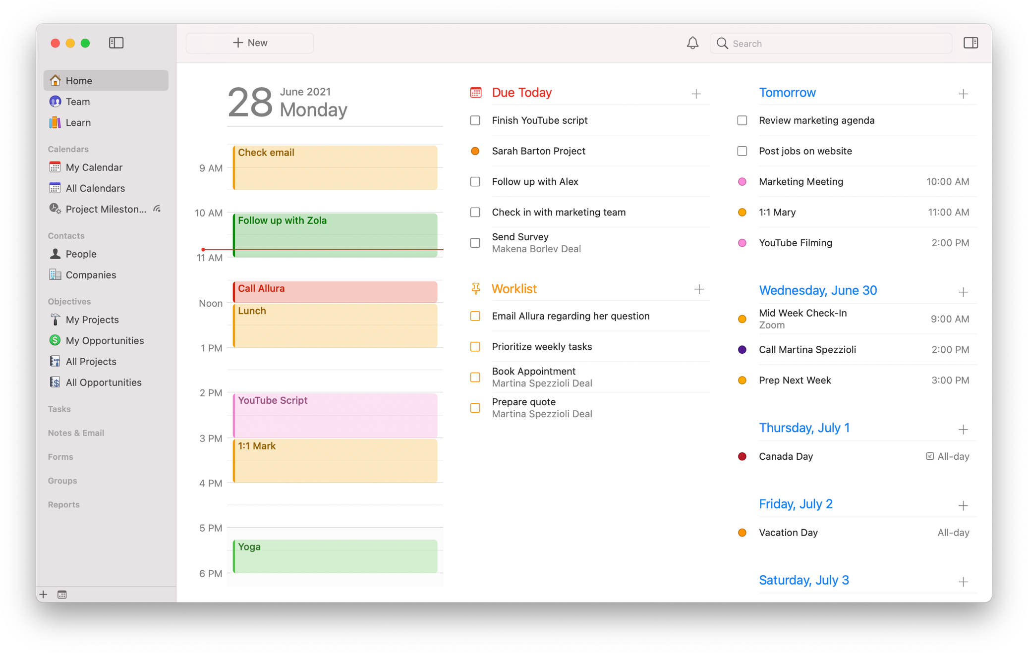 A Daylite screenshot of the Home View, showing today's appointments, tasks due today, the task Worklist, and upcoming tasks and appointments for the next seven days.