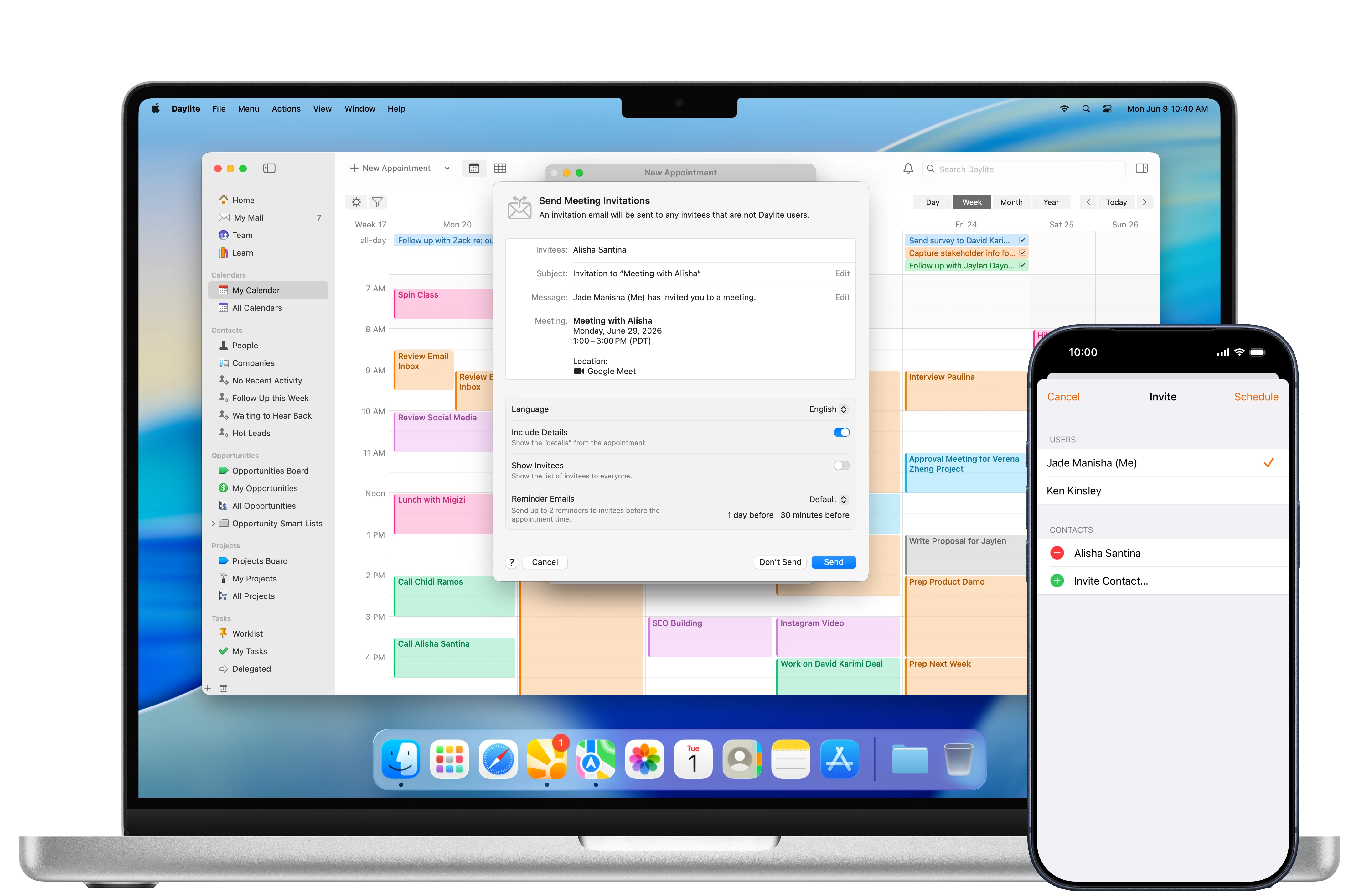An iPhone and Macbook screen each showing part of the meeting invite process in the Daylite app.