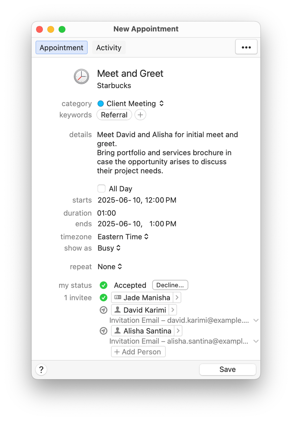 Daylite screenshot of an appointment create card.