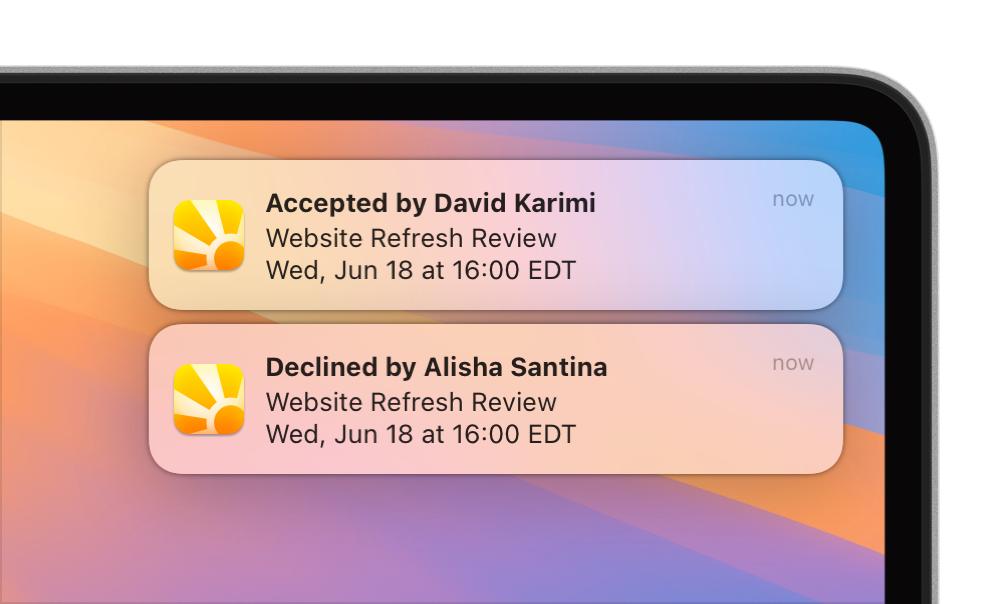 Screenshot of two Mac notifications showing that one team member accepted the meeting invite, and the other team member declined the meeting invite.