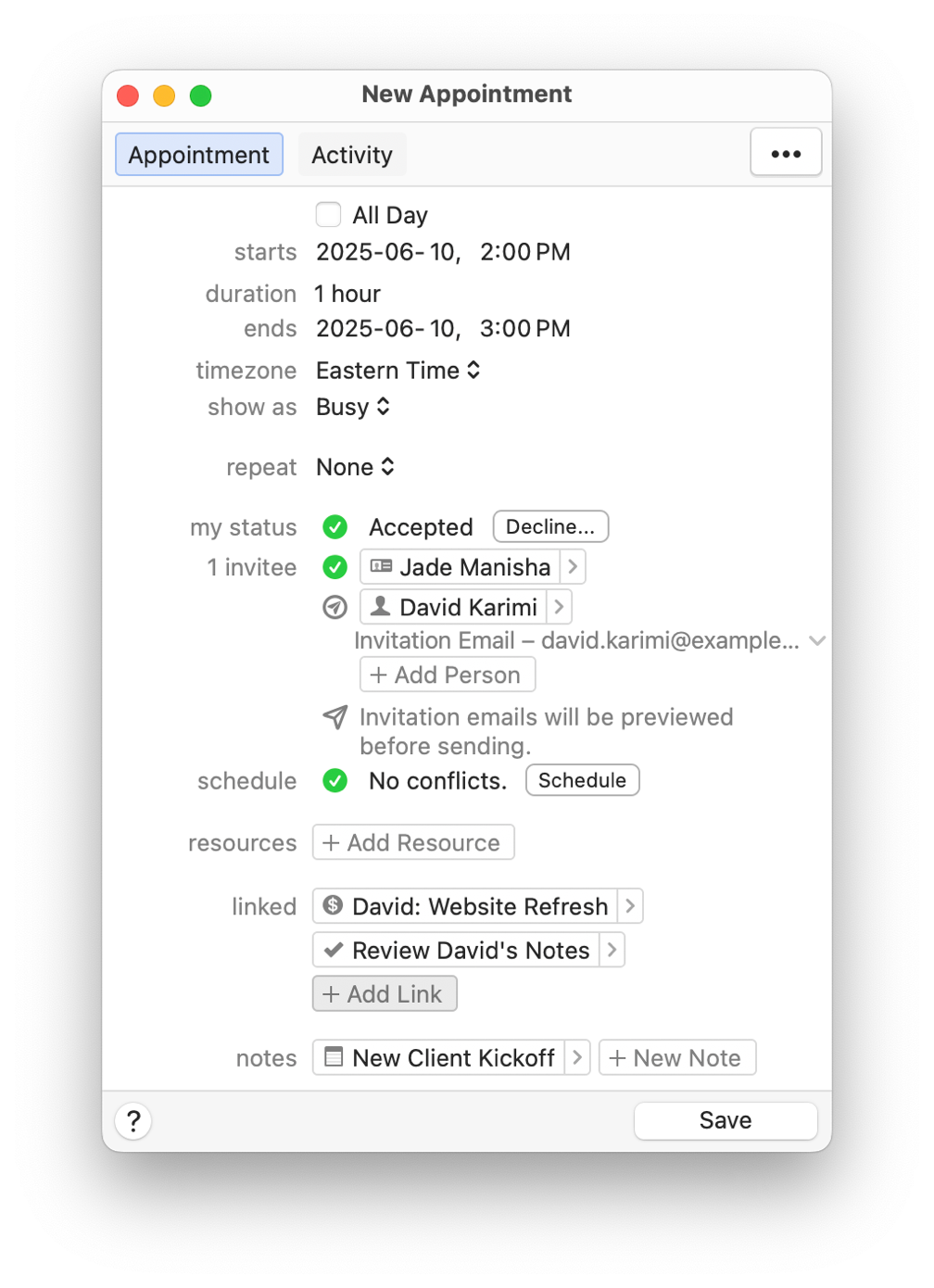 Daylite screenshot of an appointment card with an invited person.