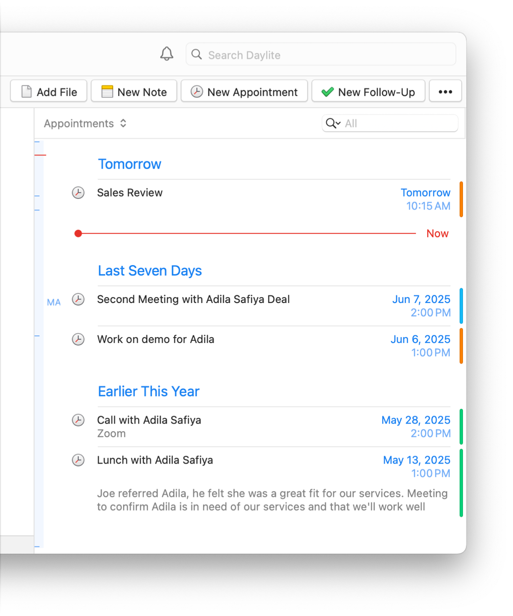 Daylite screenshot of a client's activity view, showing past meetings.