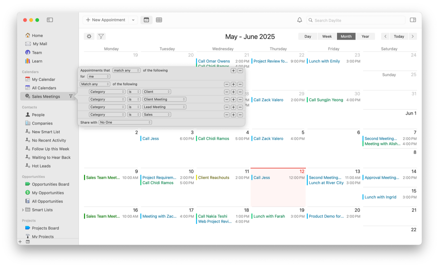 Daylite screenshot of the appointment filter popover.