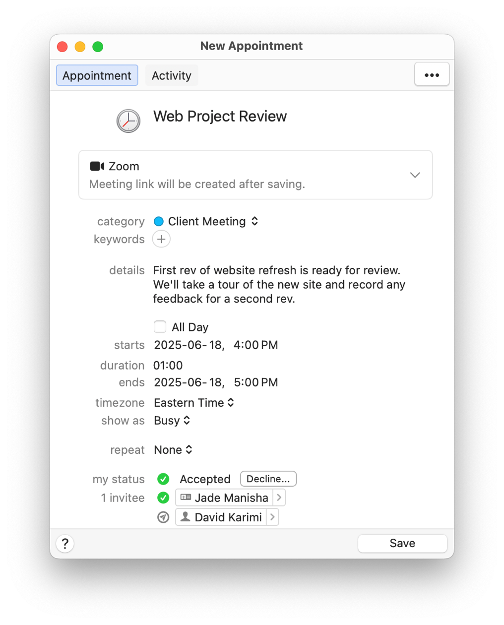 Daylite screenshot of an appointment create card showing that a Zoom meeting link will be created automatically.