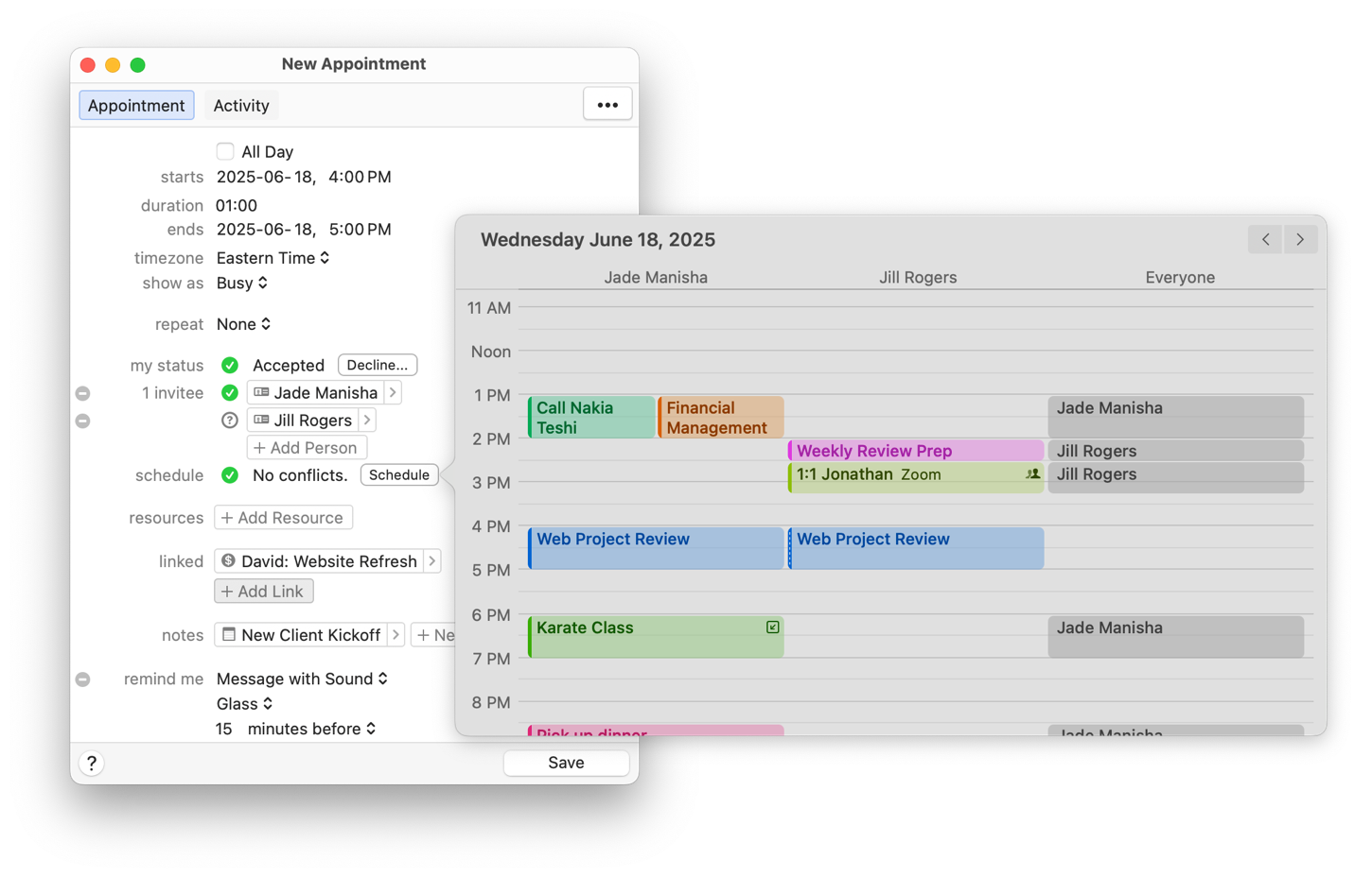 Daylite screenshot of the appointment scheduler popover showing the availability of two team members.