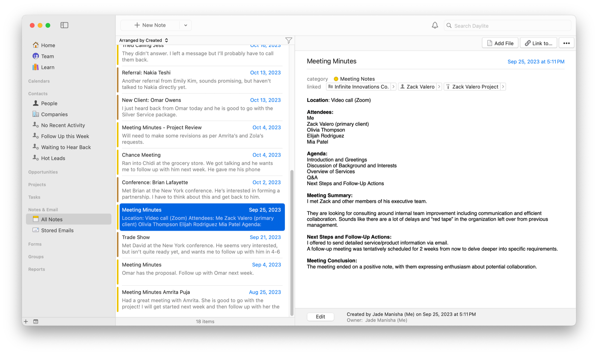 Daylite screenshot of the "All Notes" view, showing a note called "Meeting Minutes".