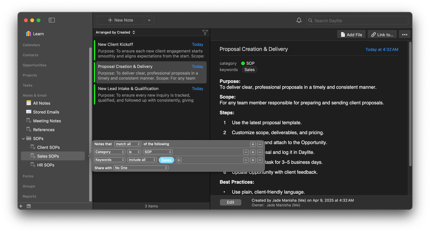 Daylite screenshot of a Notes Smart List filtering by the category "SOP" and the keyword "Sales".
