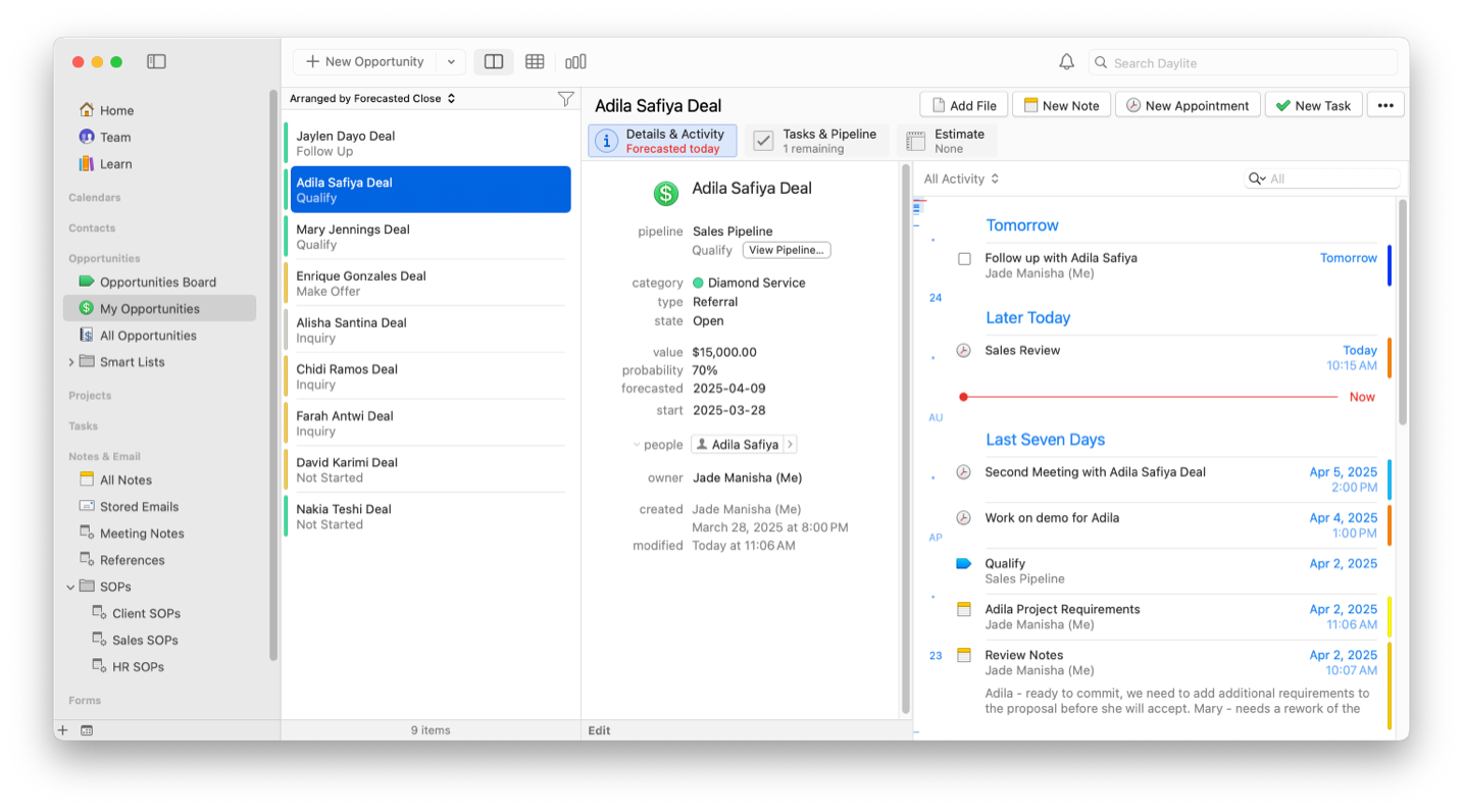 Daylite screenshot of an Opportunity, showing linked notes in it's Activity View.