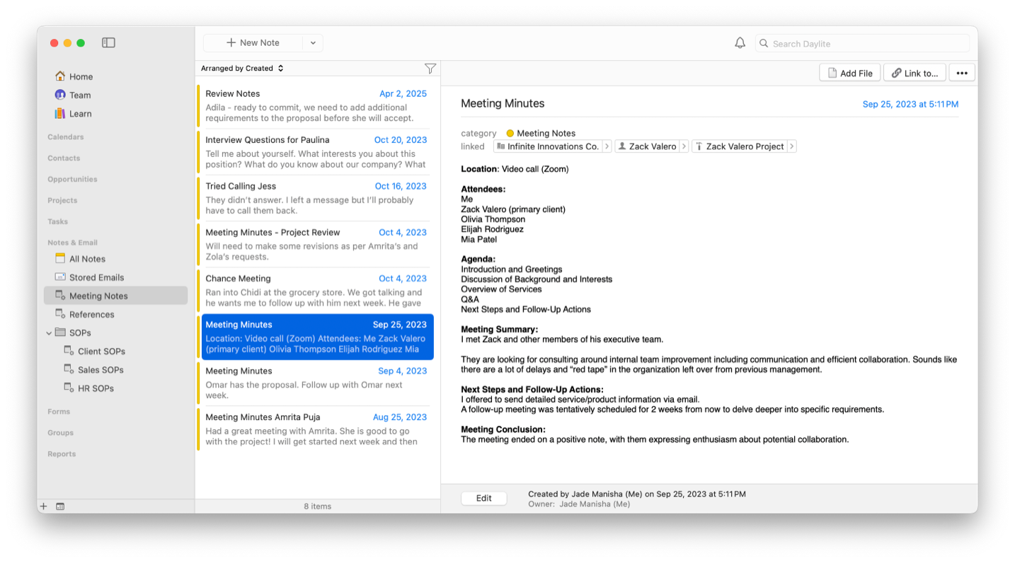 Daylite screenshot of a filtered list of notes called "Meeting Notes".