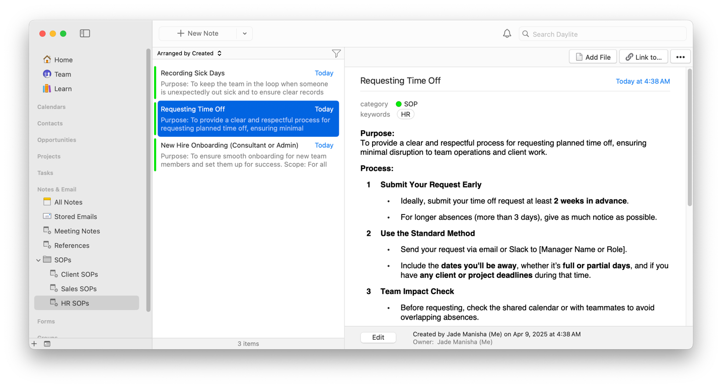 Daylite screenshot of a list of notes called "HR SOPs", showing a note called "Requesting Time Off".