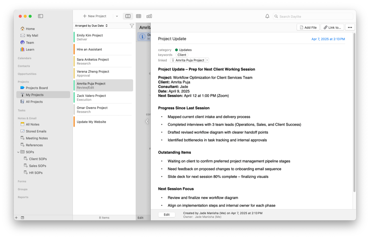 Daylite screenshot of a note called "Project Update", which was opened from a Daylite Project for a client.