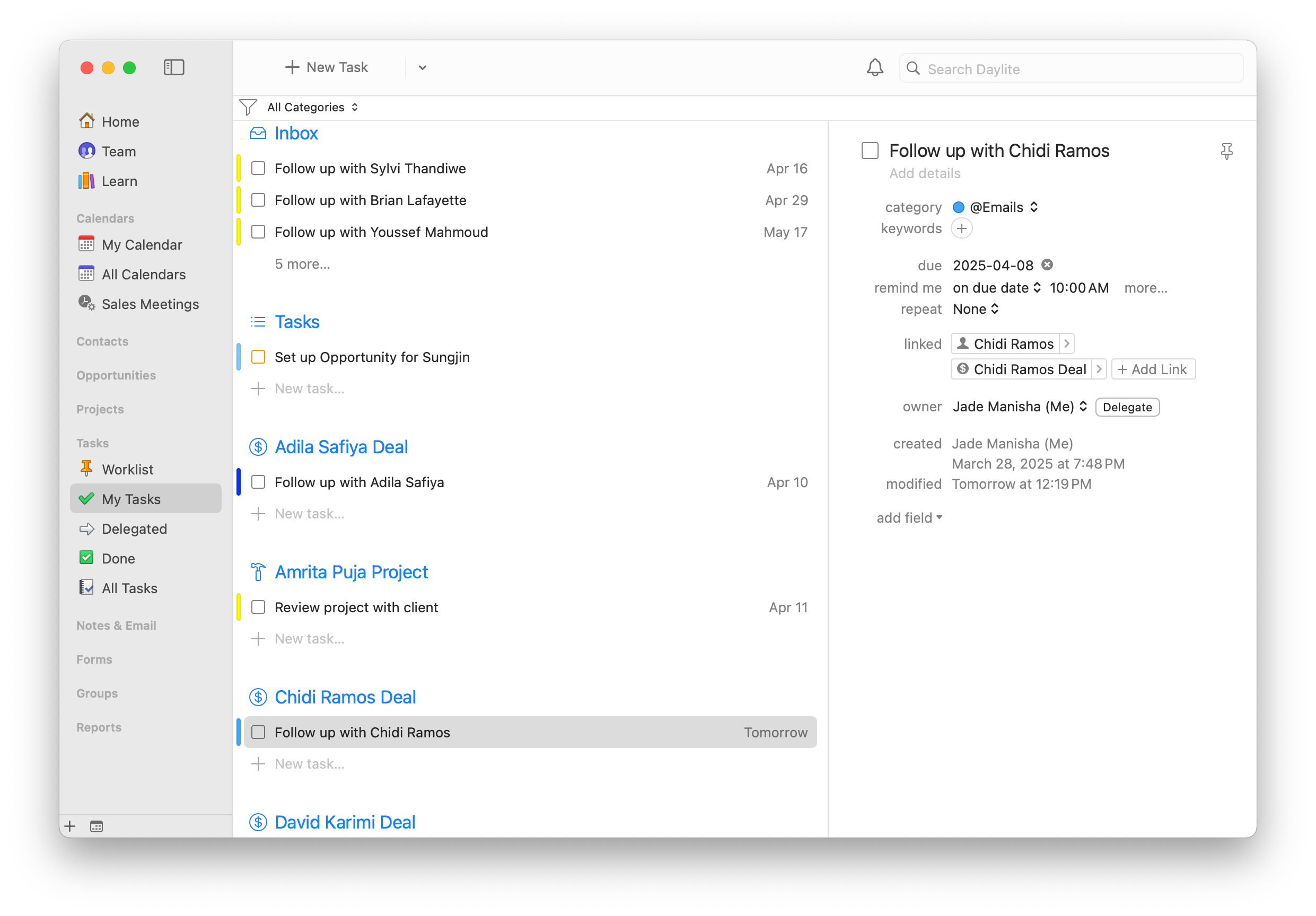 Daylite screenshot of the "My Tasks" view, showing tasks organized under different sections, including Inbox and various projects and opportunities.
