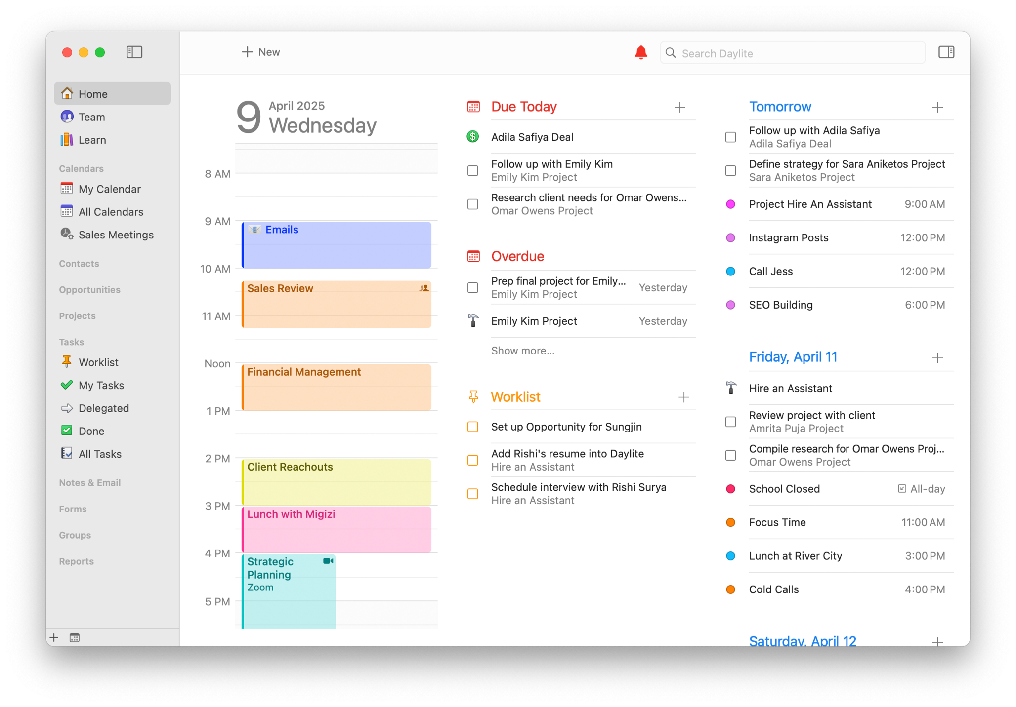 Daylite screenshot of the Home View, showing today's appointments, tasks due today, overdue tasks, and upcoming tasks and appointments.