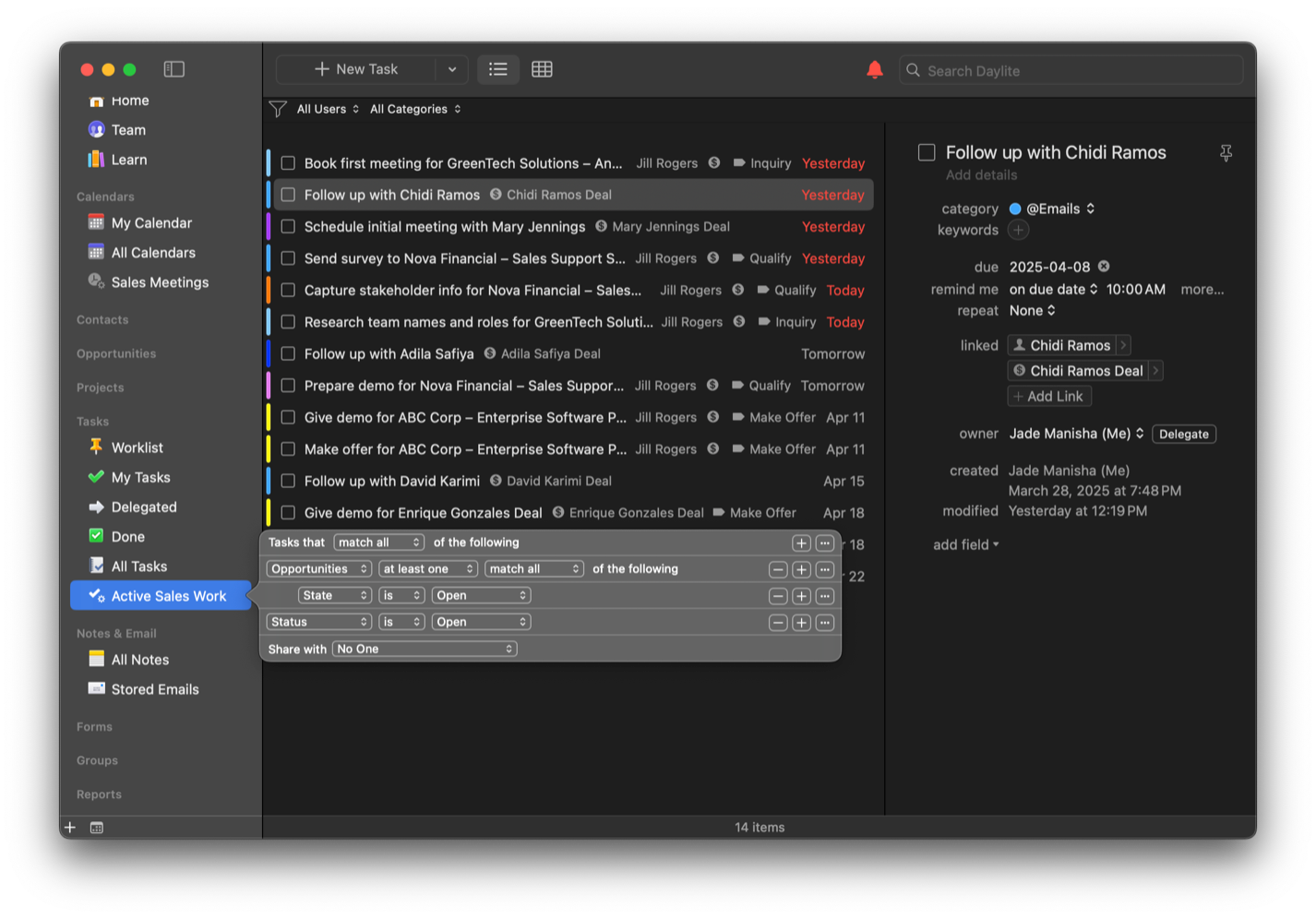 Daylite screenshot of a task Smart List showing tasks linked to Opportunities.