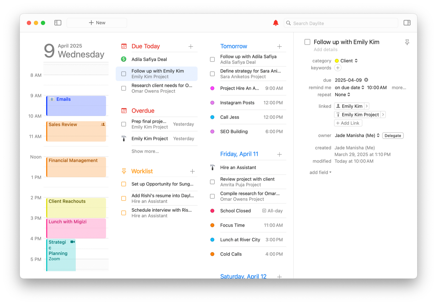 Daylite screenshot of the Home View, with a task's details expanded in the right sidebar.