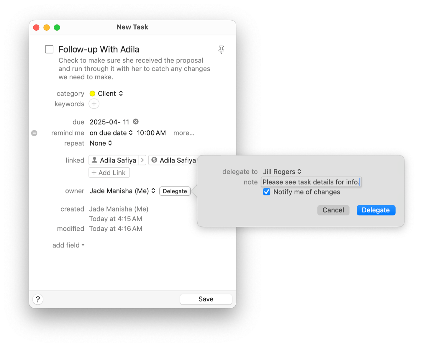 Daylite screenshot of a new task showing the delegate popover.