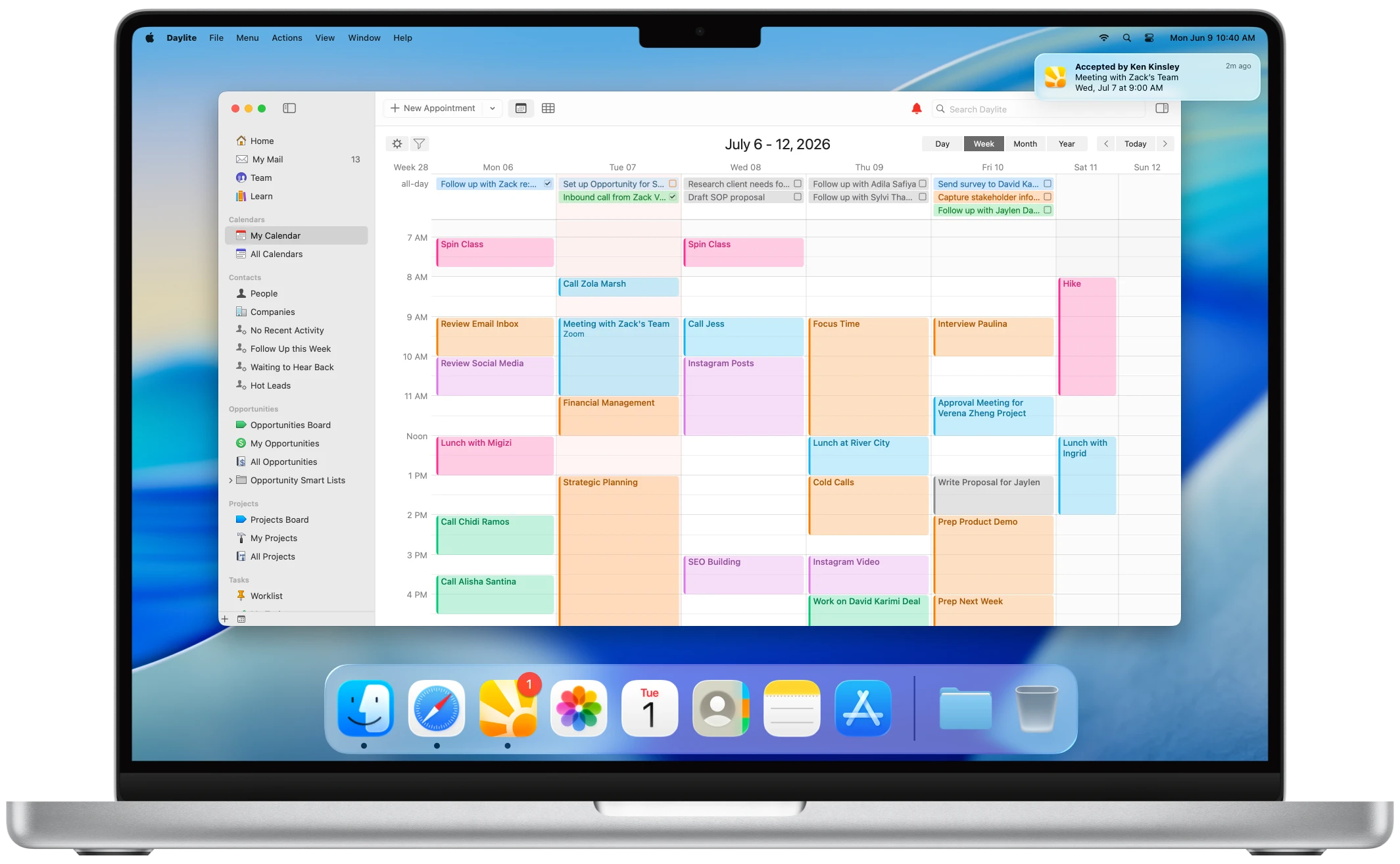 Daylite screenshot on a Mac of the calendar week view, showing a full week of events, with a Mac system notification in the top right of the screen for a Daylite appointment.