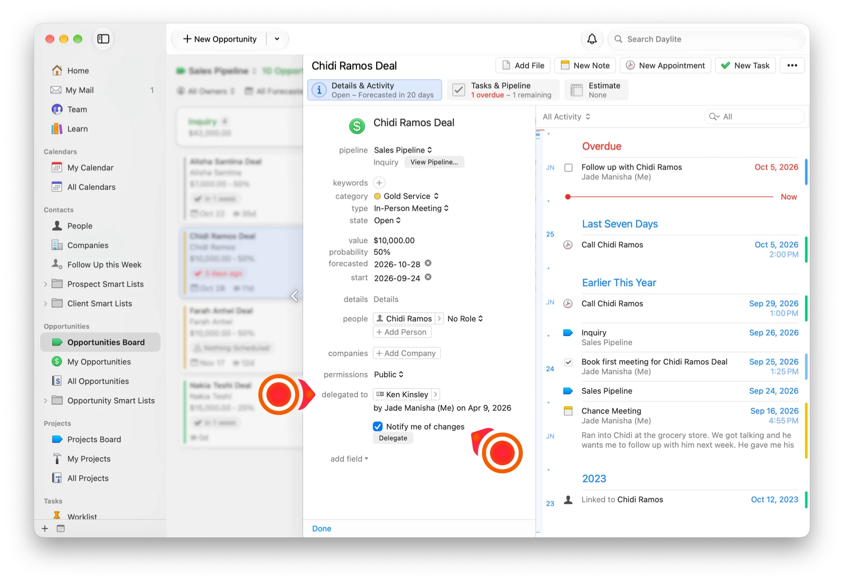 A screenshot of a contact in Daylite being delegated to another team member.