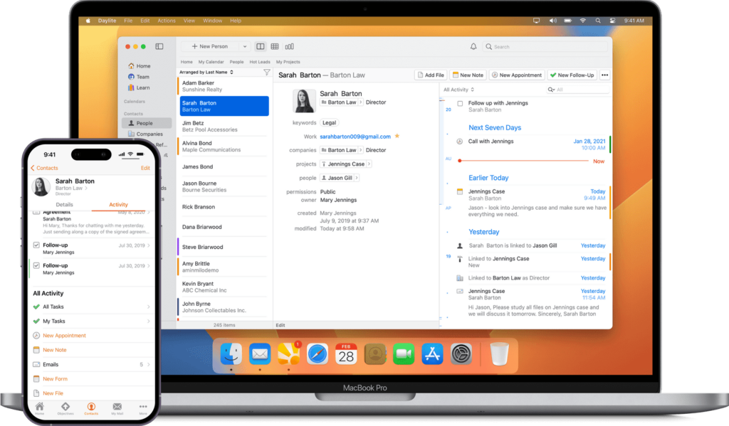 Image shows a MacBook and an iPhone screen side-by-side, both showcasing Daylite.