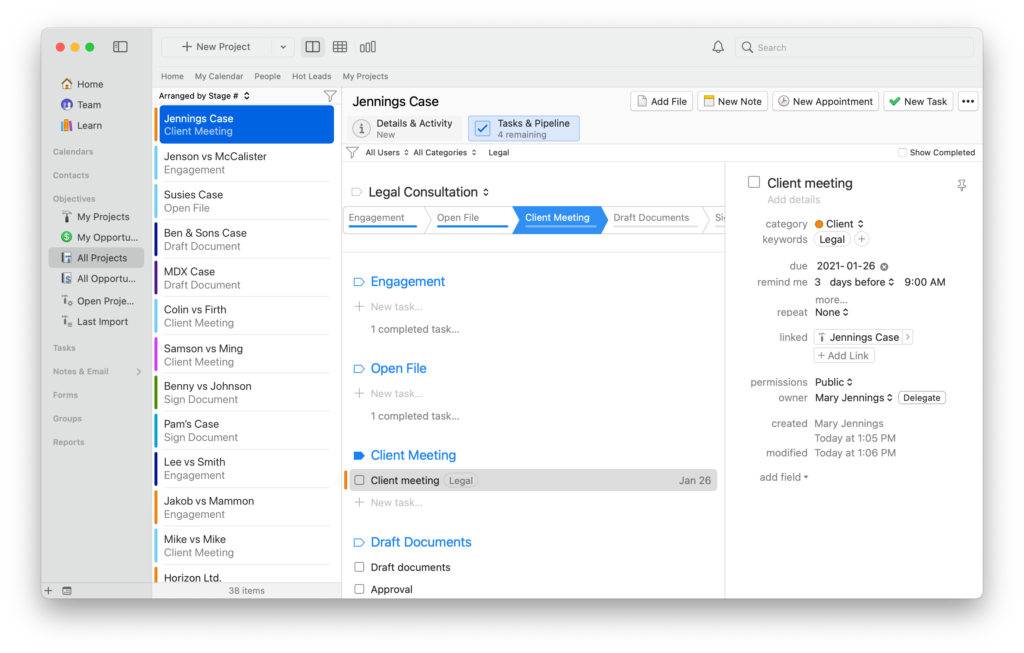 Screenshot of Daylite Project Pipeline view showing a project called "Legal Consultation"