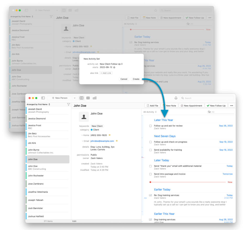 Screenshots show an Activity Set being applied in Daylite, and the check list in the Activity View once the Activity Set is created. 