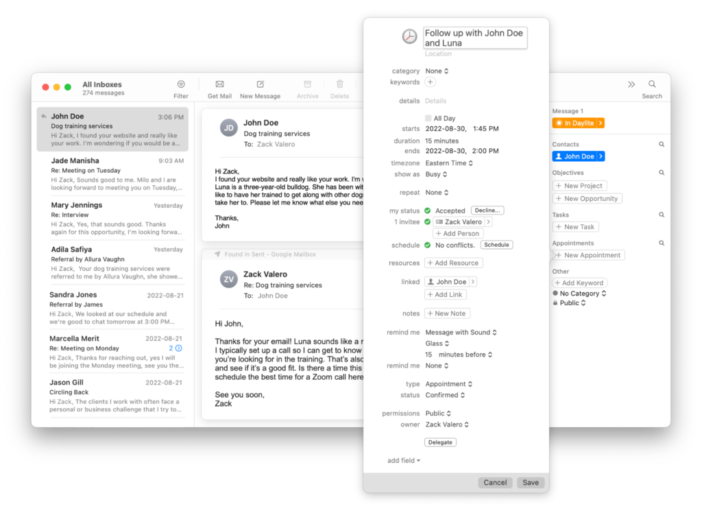 Screenshot shows an appointment being created from an email with Daylite Mail Assistant