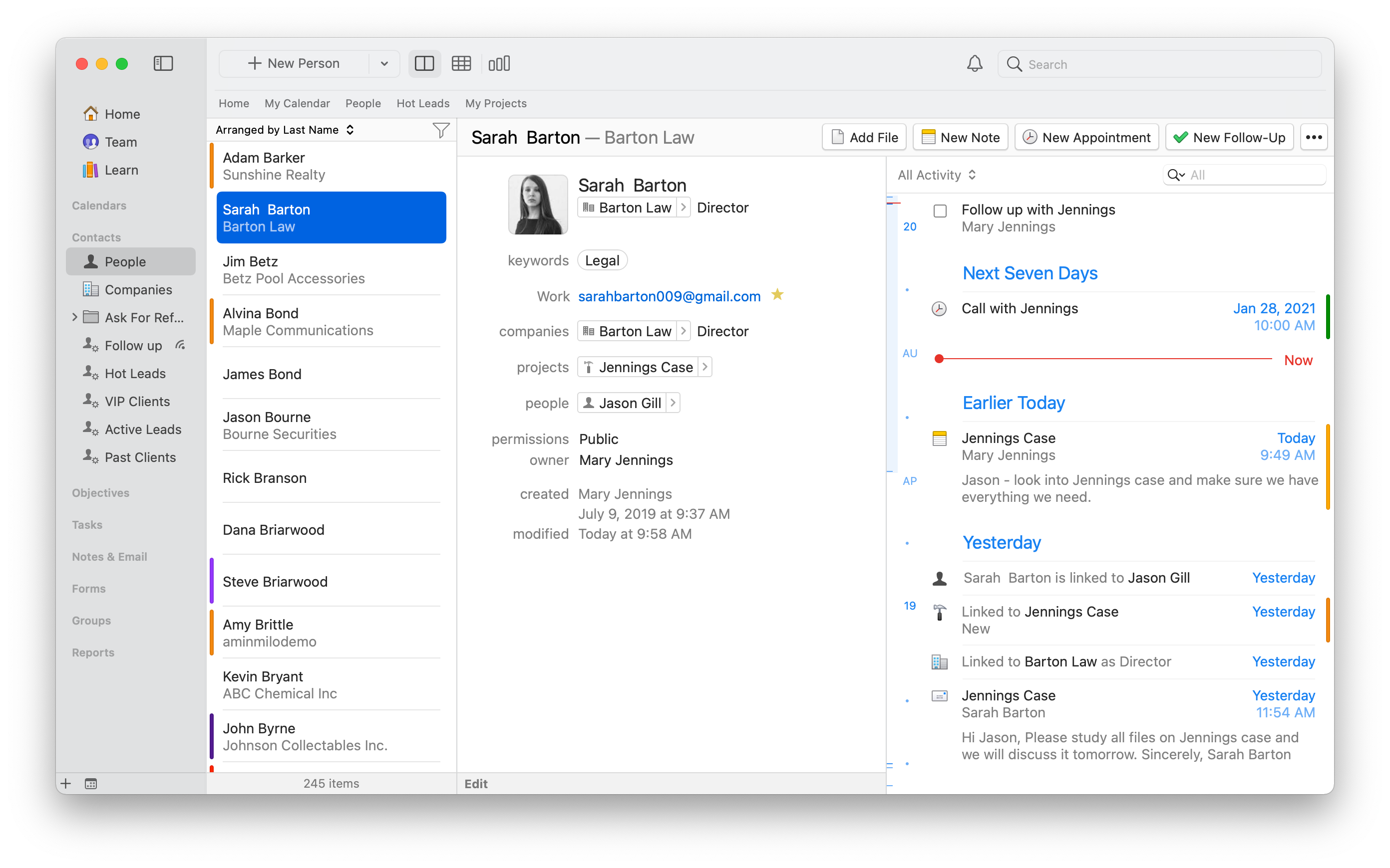 Screenshot of client's information being displayed in Daylite. 