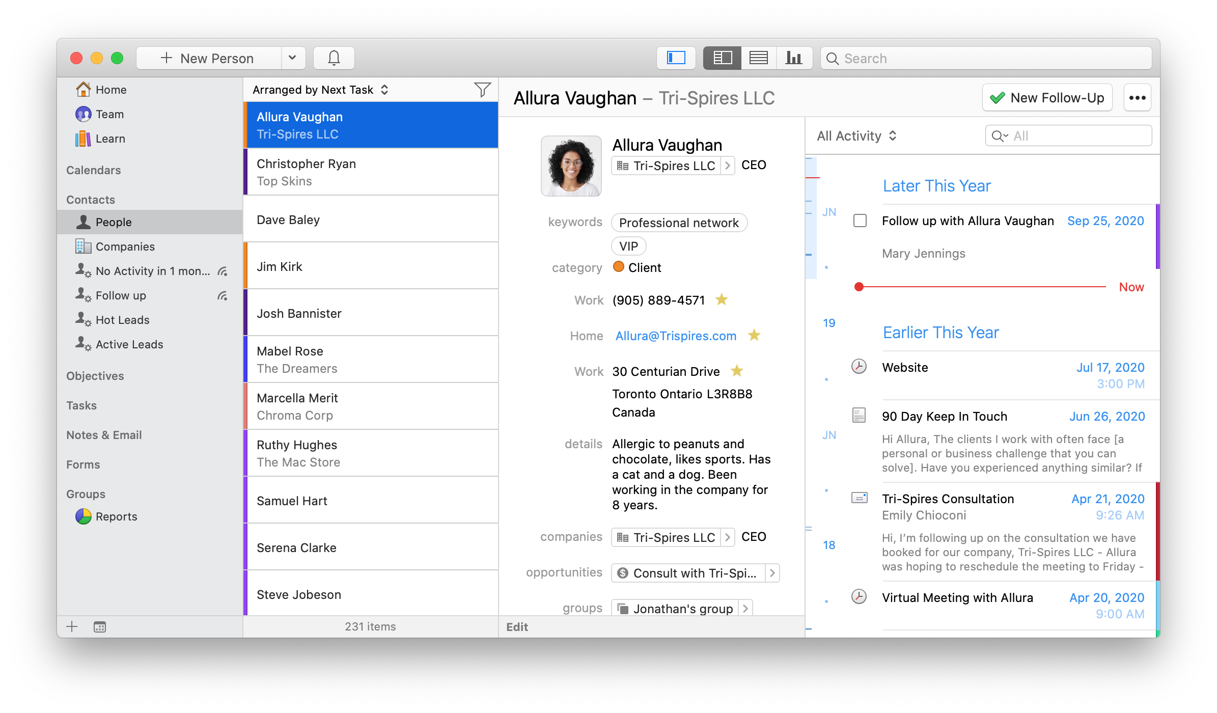 Screenshot of client's information being displayed in Daylite. 
