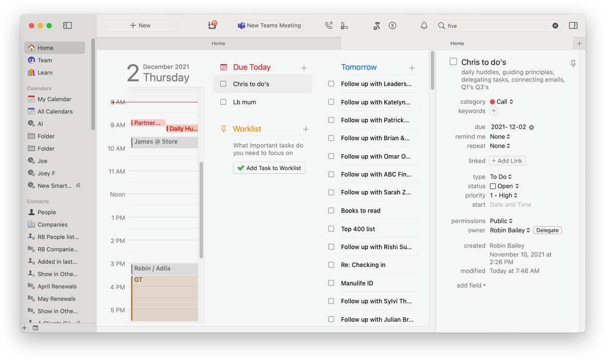 Screenshot of Daylite Calendar view, with upcoming appointments and tasks. 