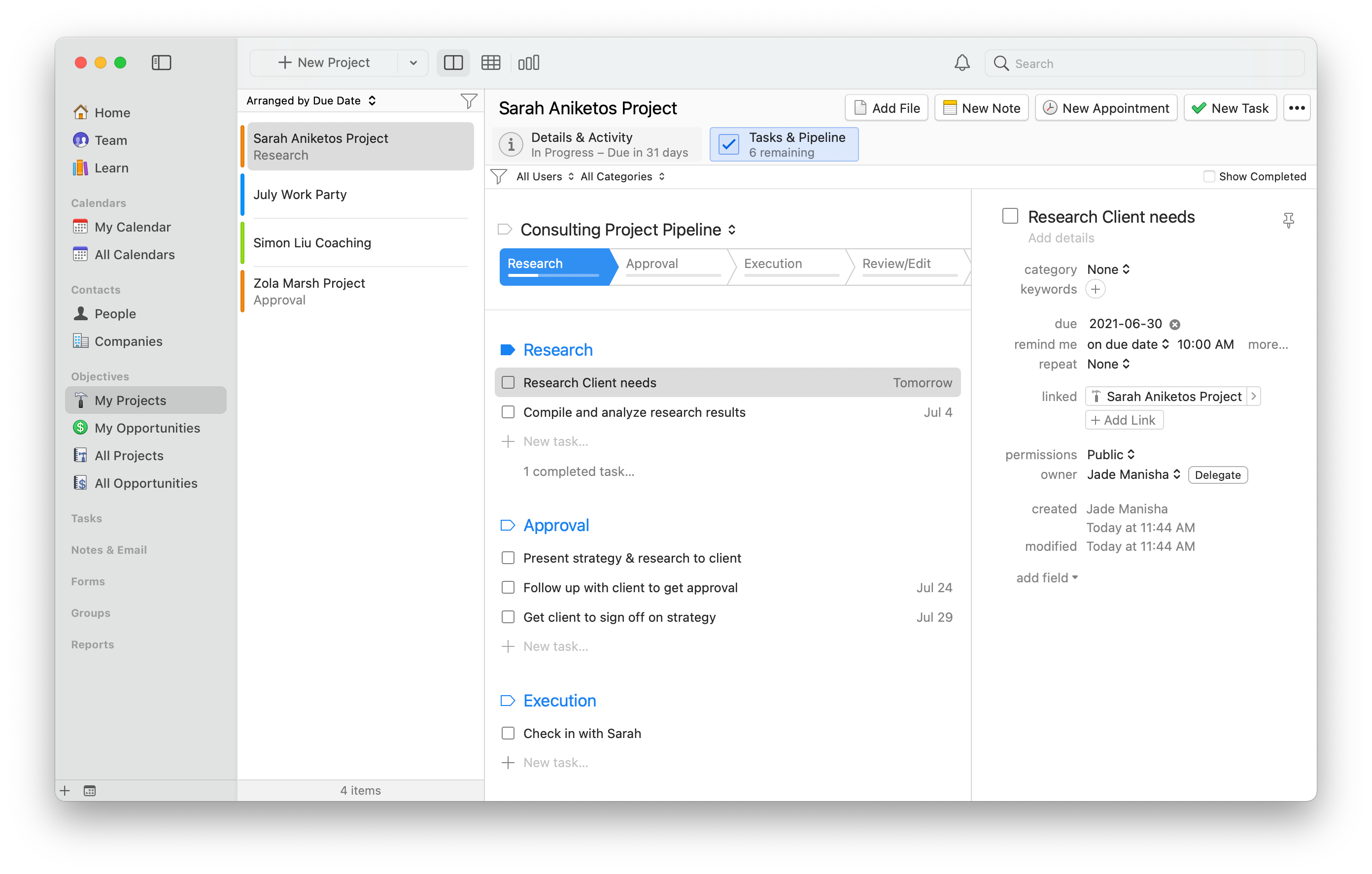 Screenshot of Daylite's pipelines displaying different follow-up tasks.